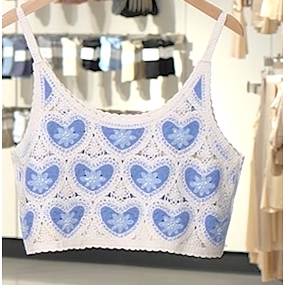 Avec Les Filles Blue and White Heart Crochet Crop Top